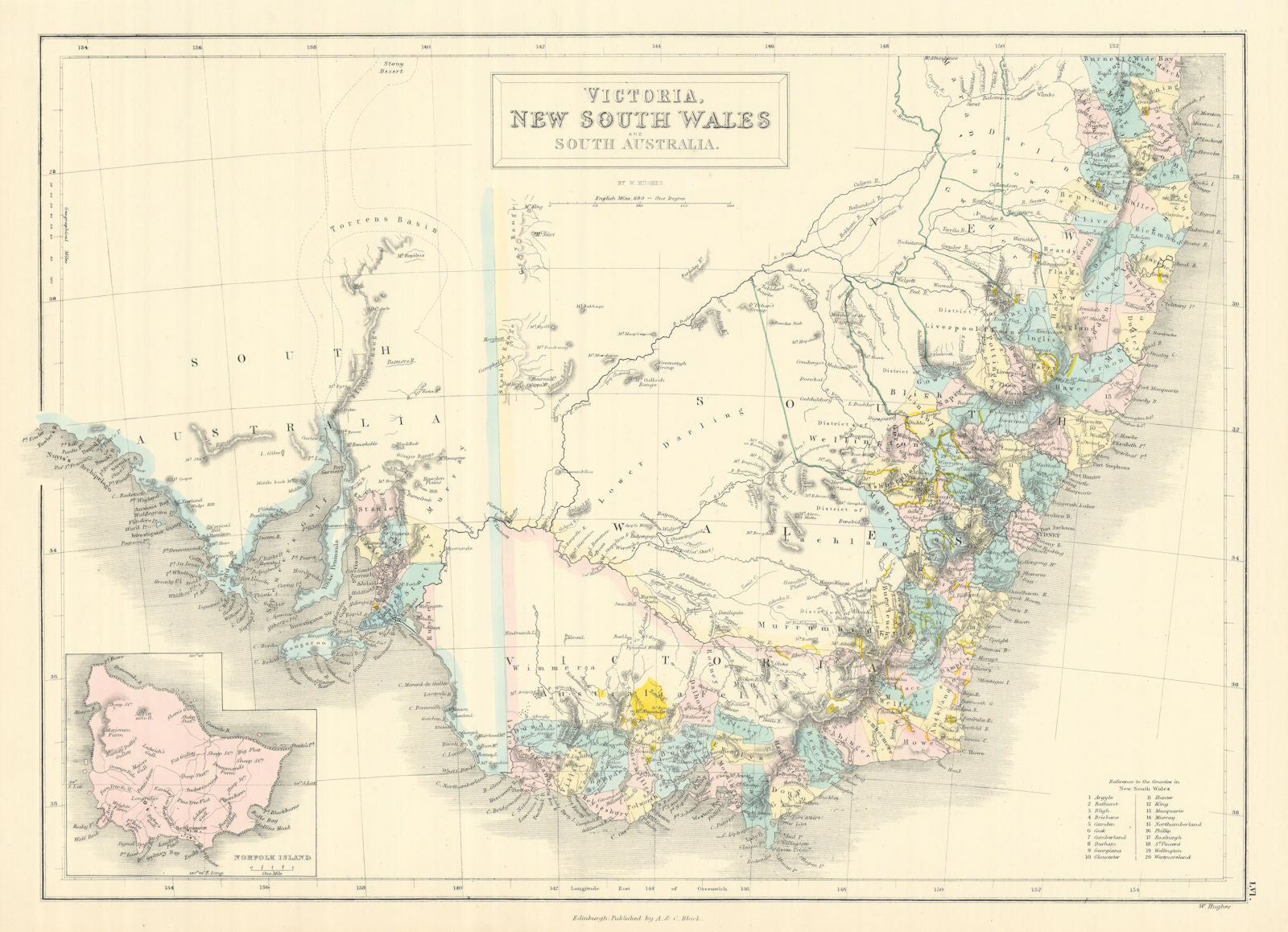 Victoria, New South Wales & South Australia Goldfields. Norfolk Island 1854 map